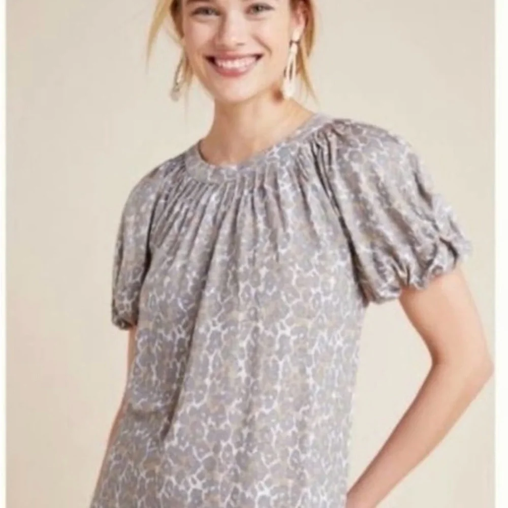 Anthropologie Maeve Linen Leopard Top Puff Sleeve